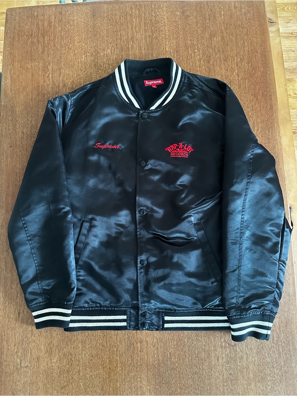 Supreme Black Satin Varsity Jacket with Red Embroidery XL